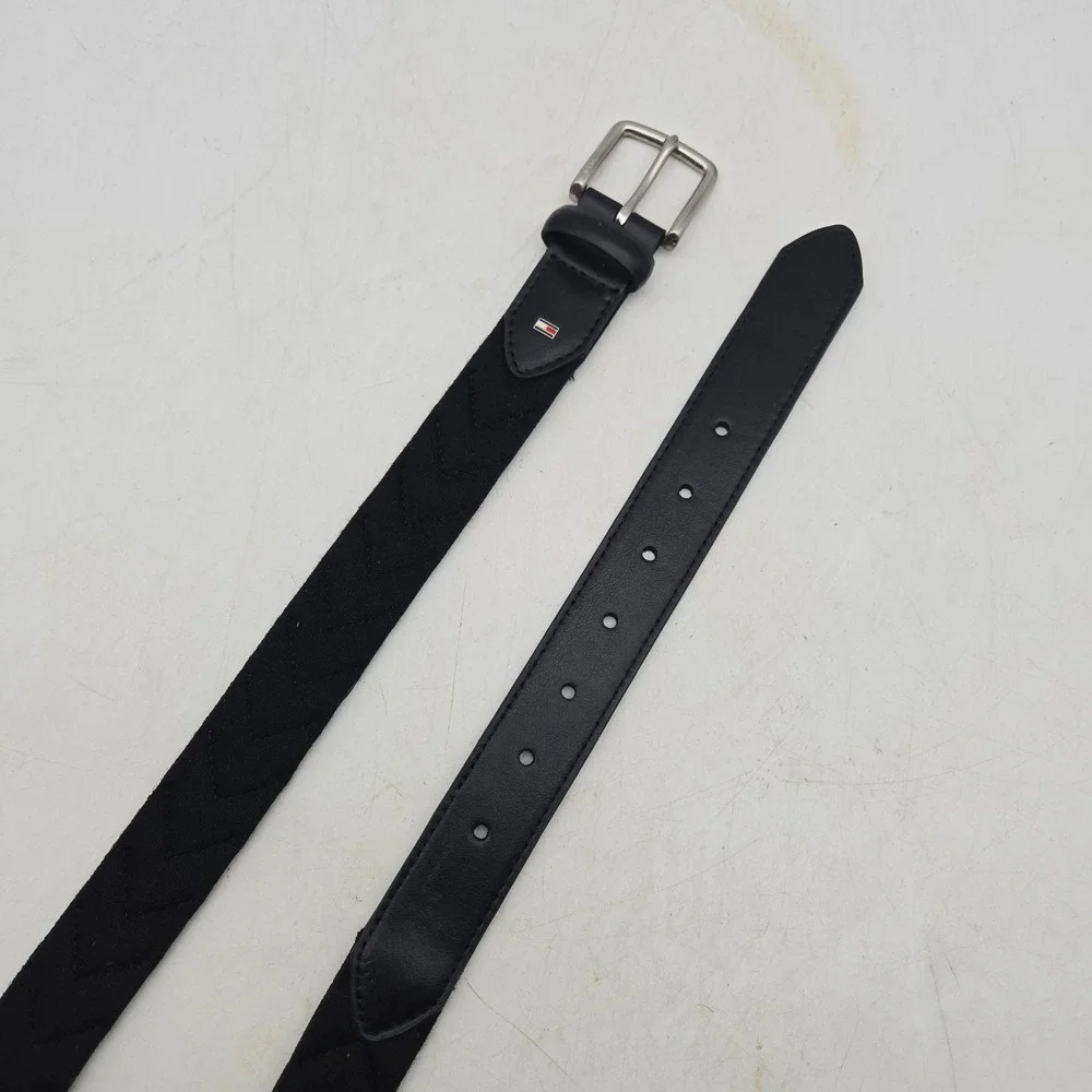 Tommy Hilfiger Belt Black Braided Woven Fabric Elastic Men 40 Nickel Buckle NWOT